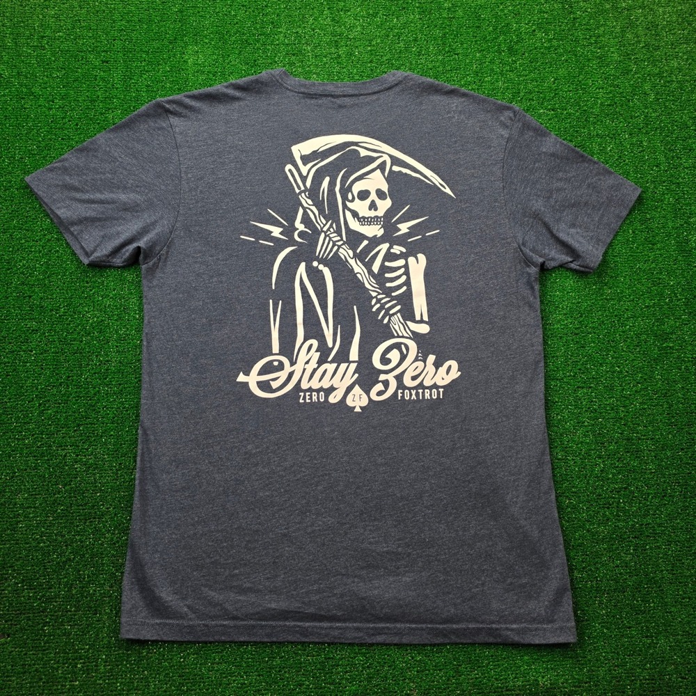 Zero Foxtrot Stay Zero Grim Reaper Graphic Tshirt Mens Large Heather Gray